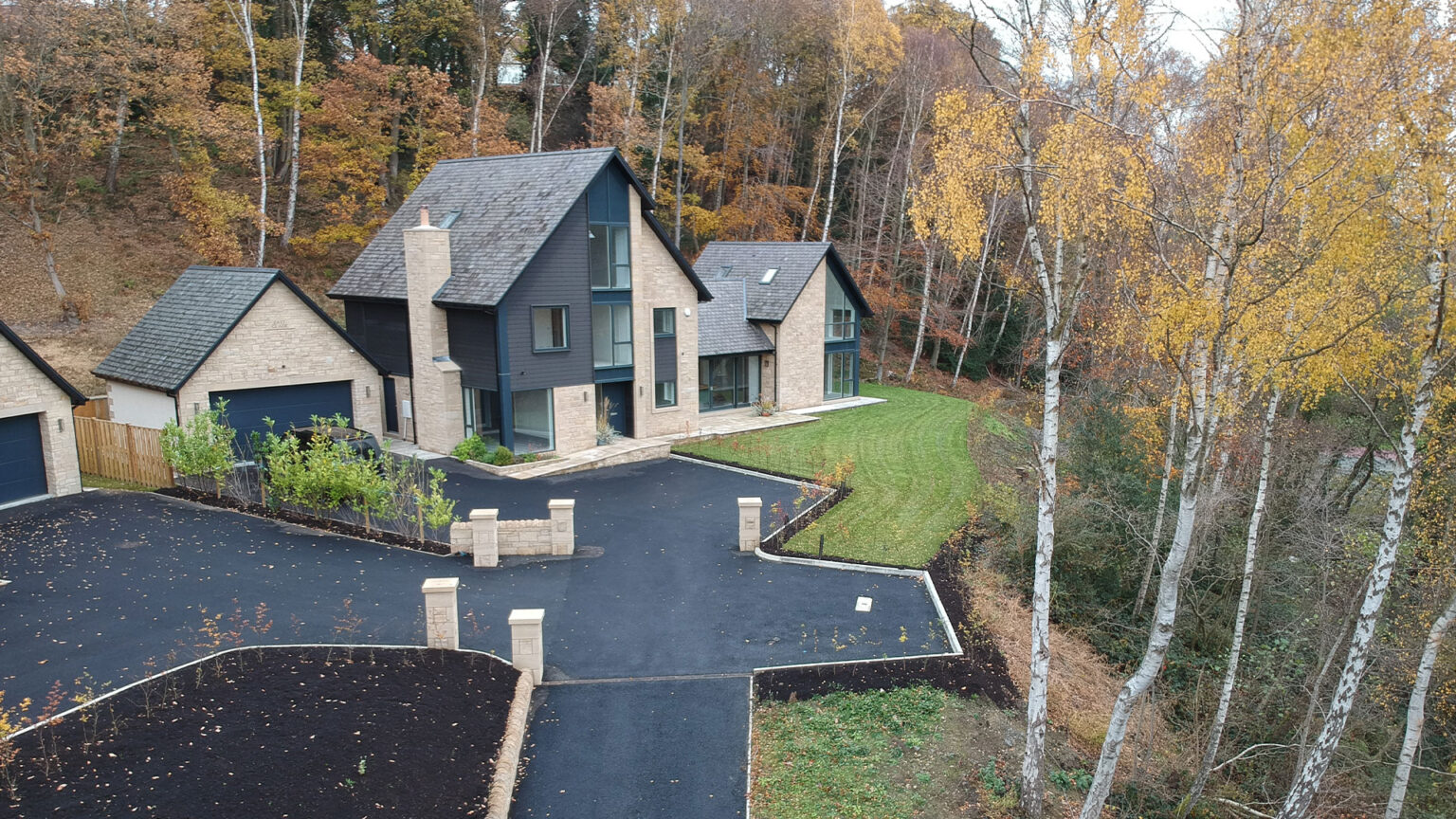 Timber Frame Stone House & Garage — Aerial View